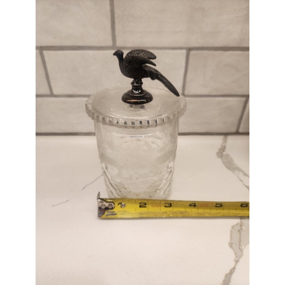 Antique Cut Diamond Floral Etch Glass Pickle Marmalade Jar w/ Pheasant Finial - Picture 10 of 11